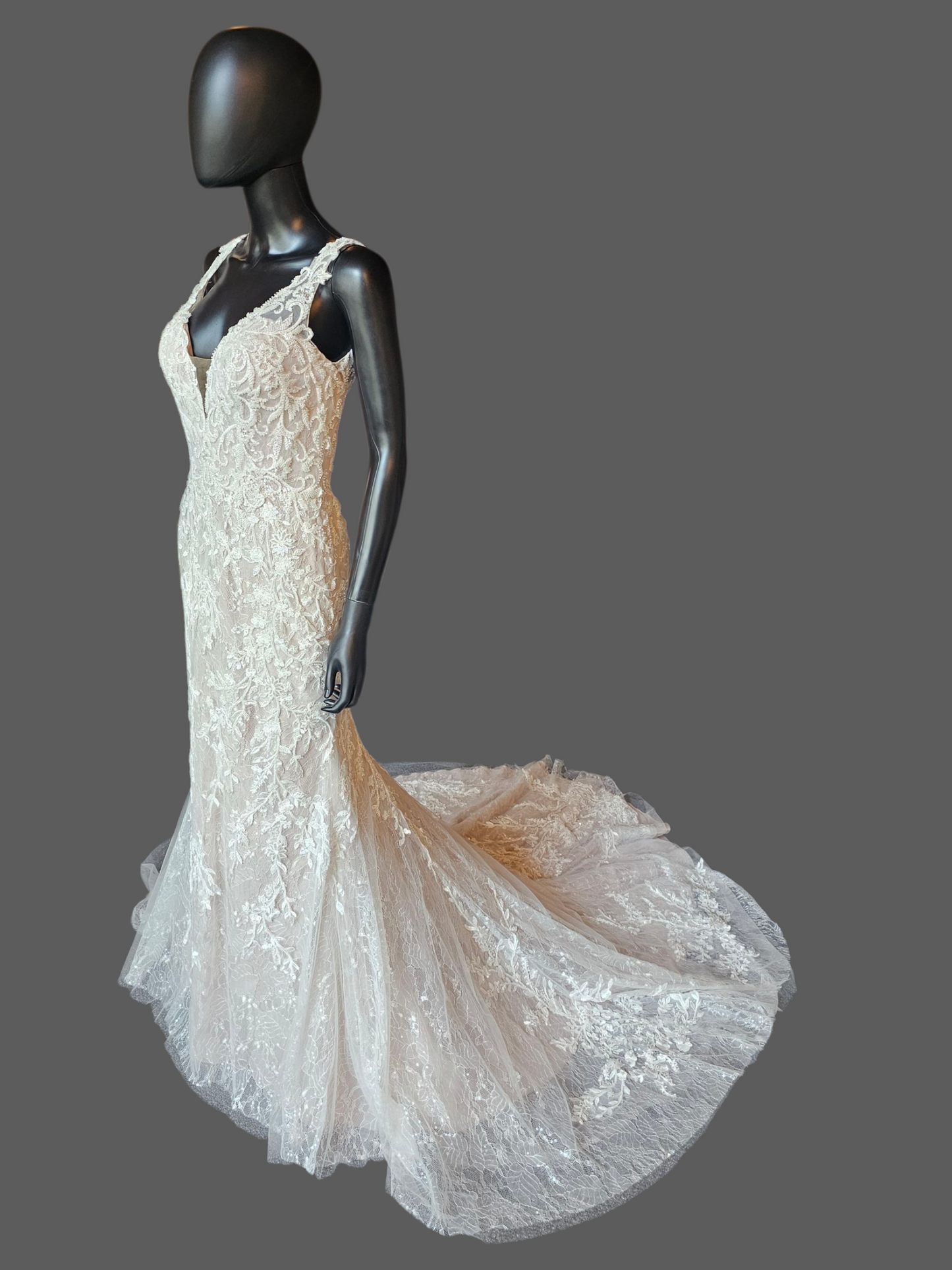 Ivory/Latte Beaded Lace Illusion Back Plunge Fit and Flare Wedding Gown - Da Vinci