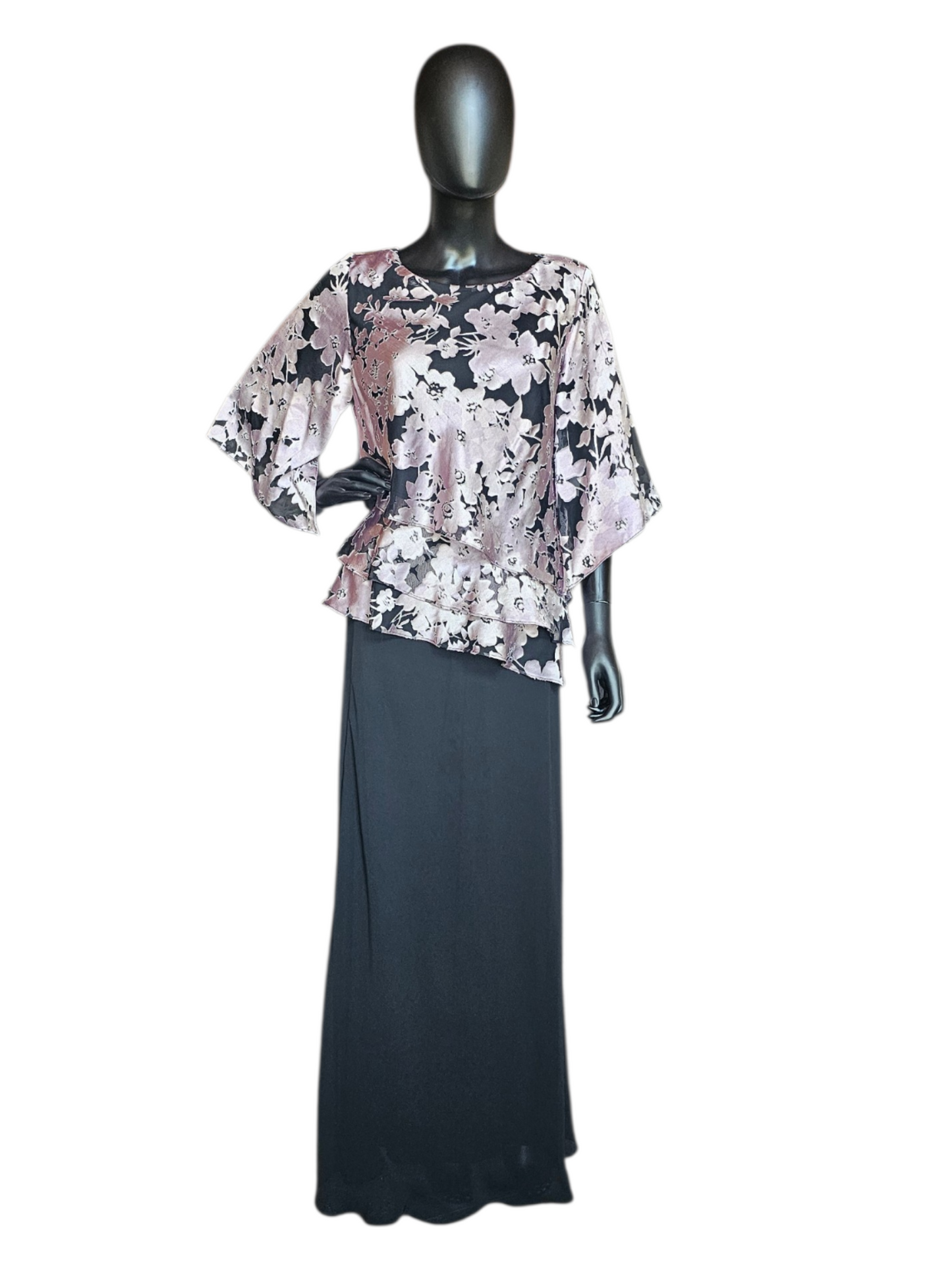 Lavender/Black Floral 3/4 Sleeve 2 Piece Chiffon Shirt And Skirt Moms Outfit- Alex Evenings