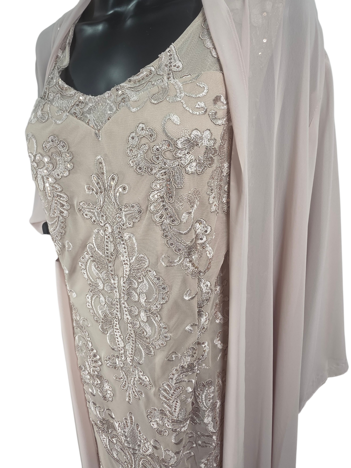 Champagne Knee Length Floral Sequin Design On Lace W/Chiffon Jacket Formal/Moms/Religious Occasion - R&M Richards