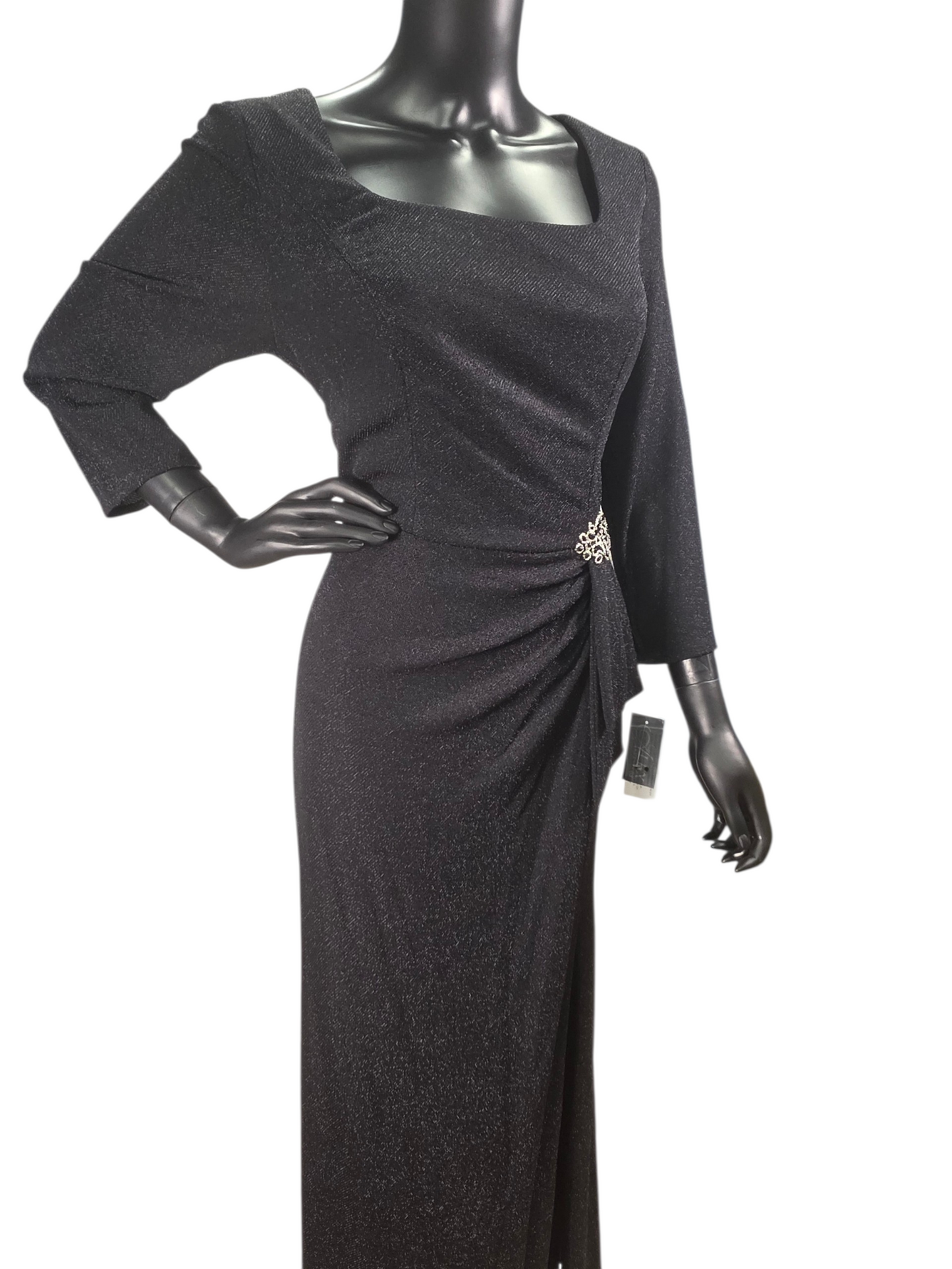 Black Shimmer Taffeta Side Ruched With Gold Accented Applica Boat Neck Formal/Moms Dress - Alex Evenings