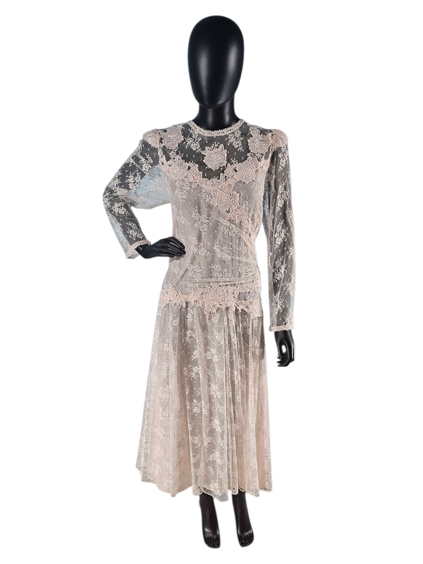 Vintage Pink Lace Drop Waist Formal Dress