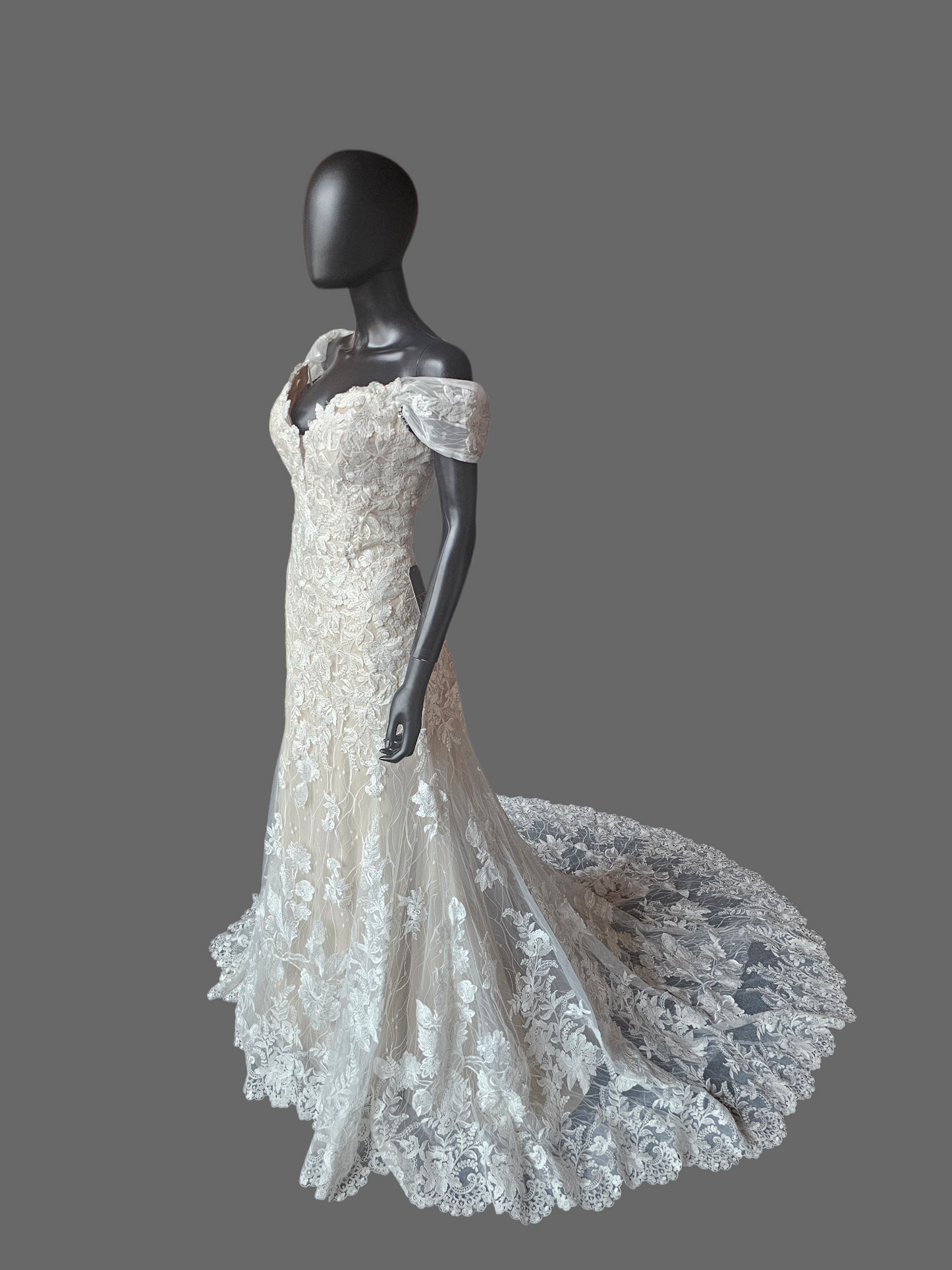 Ivory/Honey Layered Lace Fitted Off Shoulder Wedding Gown - Martin Thornburg