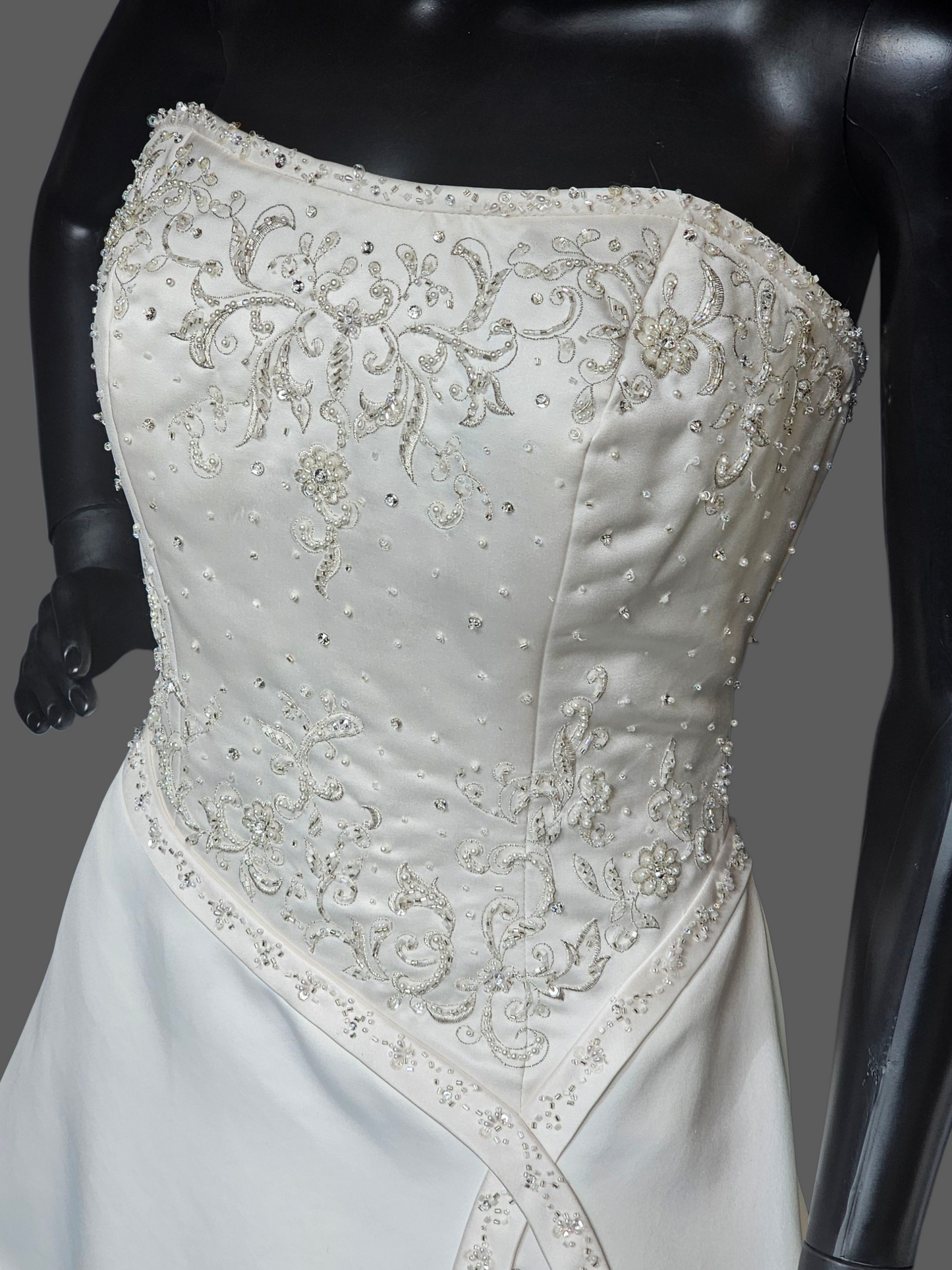 Vintage White/Blush Accent Asymetric A-Line Satin Wedding Gown - Mori Lee