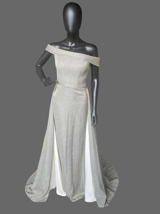 Gold Metallic Off Shoulder A-Line Overskirt Formal Dress NWT - Jovani