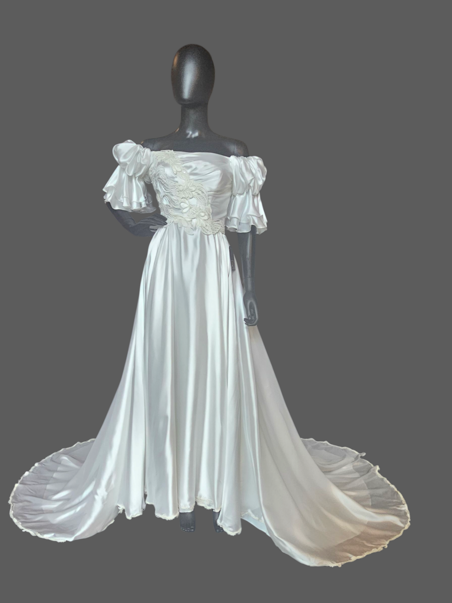 Vintage White Charmeuse Off Shoulder Wedding Gown