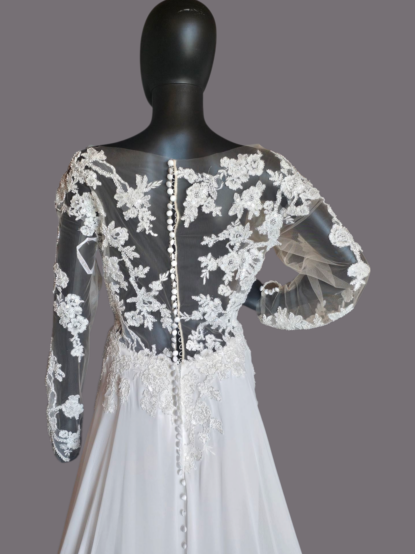 Ivory/Nude Deep Plunge Long Sleeve Chiffon Wedding Gown - Allure Romance