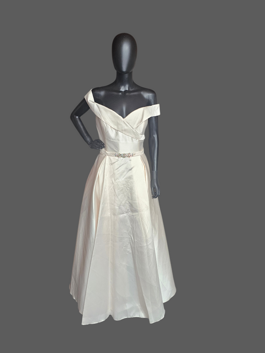 Blush Mikado Off Shoulder Box Pleat A-Line Formal Dress - Starbox