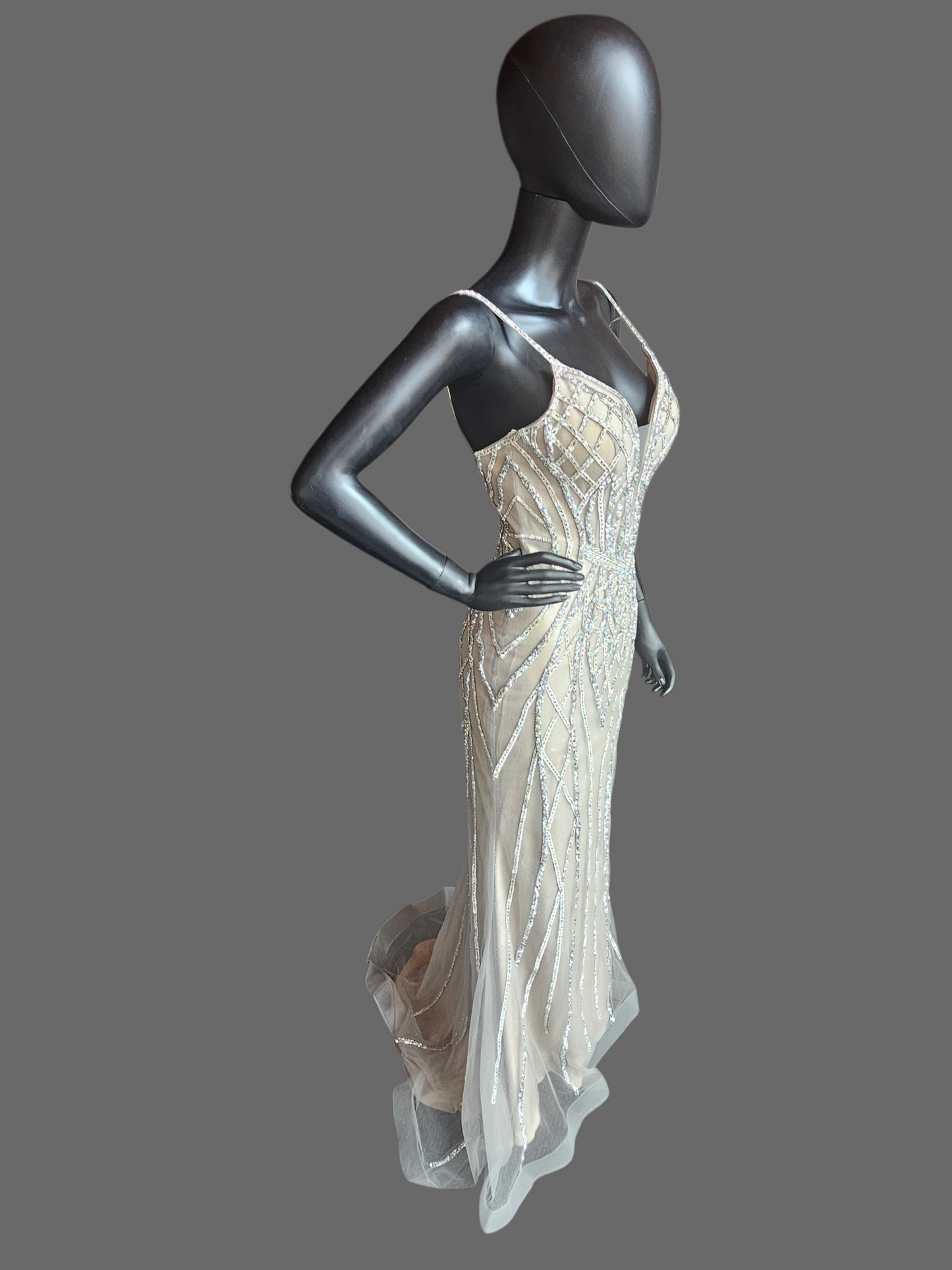 Nude Plunge Crystal Fitted Formal/Gala Dress - GB Social
