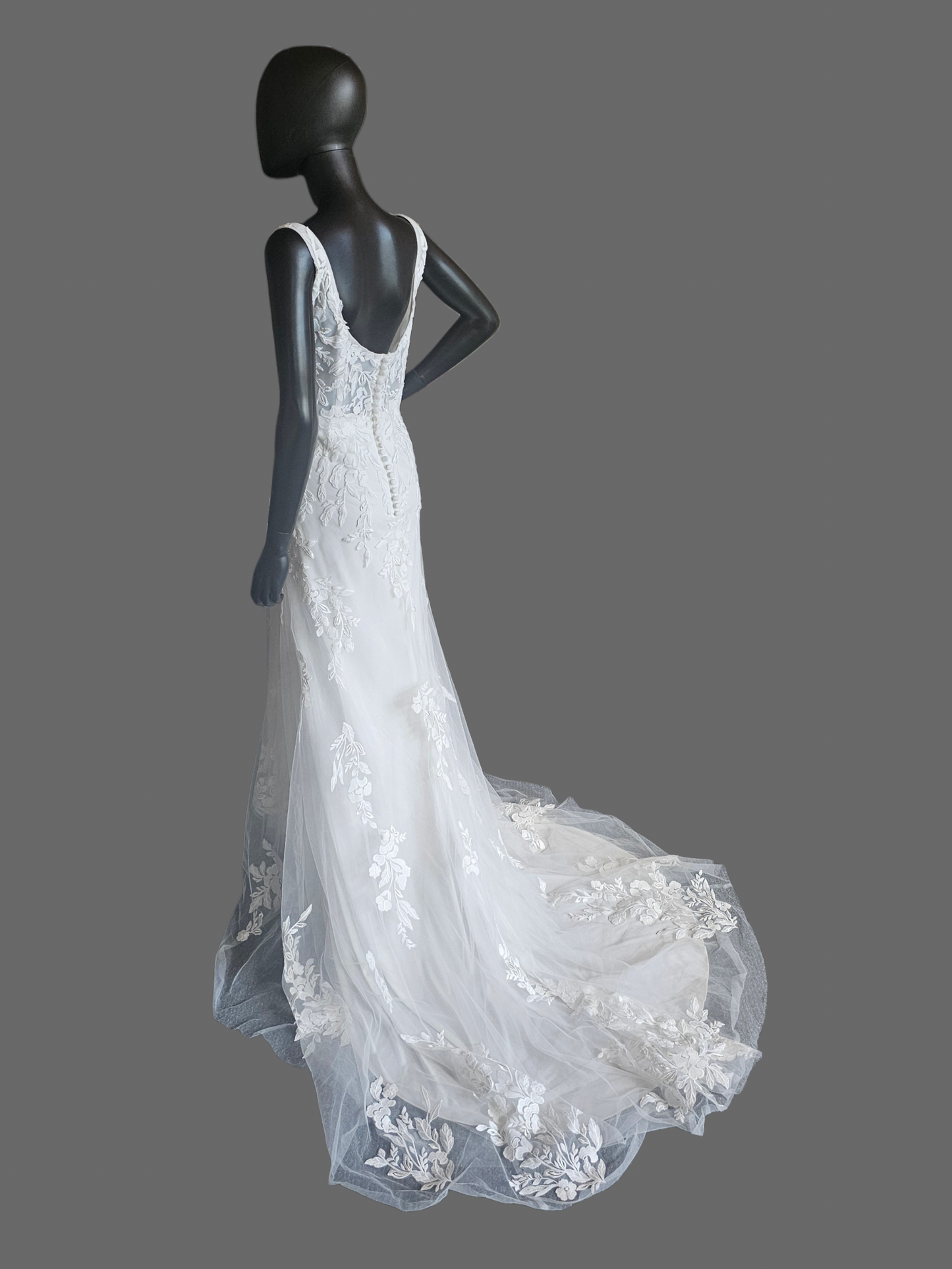 White Floral Lace Fit/Flare Corset Scoop Neck Plunge Detailed Train Wedding Gown - Rebecca Ingram
