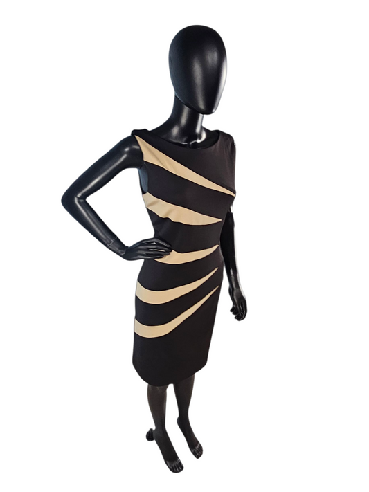 Black/Camel Asymmetrical Sheath Stretch Neoprene Dress - R&M Richards