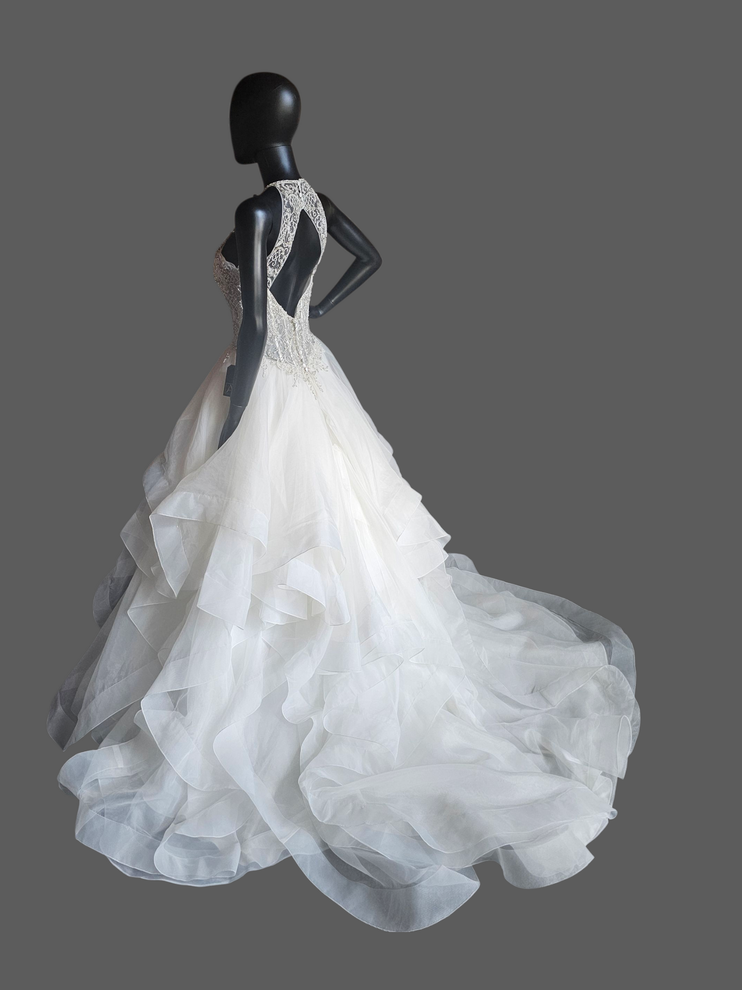 Ivory Horsehair Tiered Illusion Halter A-line NWOT Wedding Gown - Mori Lee