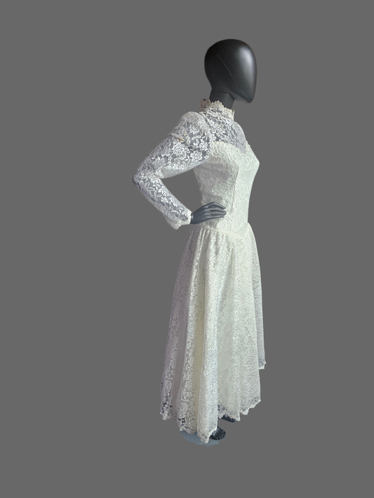 Vintage Long Sleeve Lace Tea Length Wedding Gown