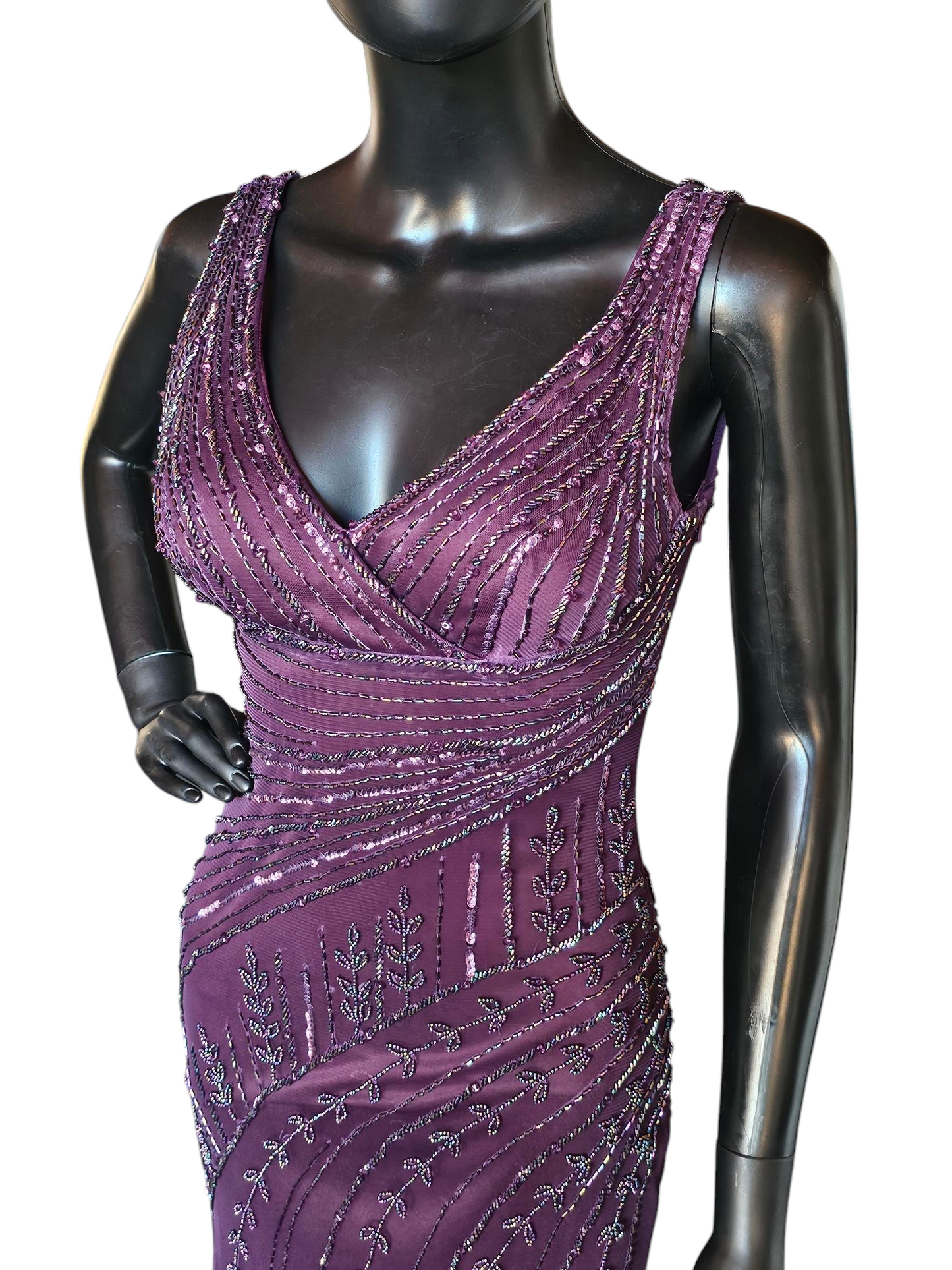 Plum V-neck Beaded Formal Gown - Night Scene