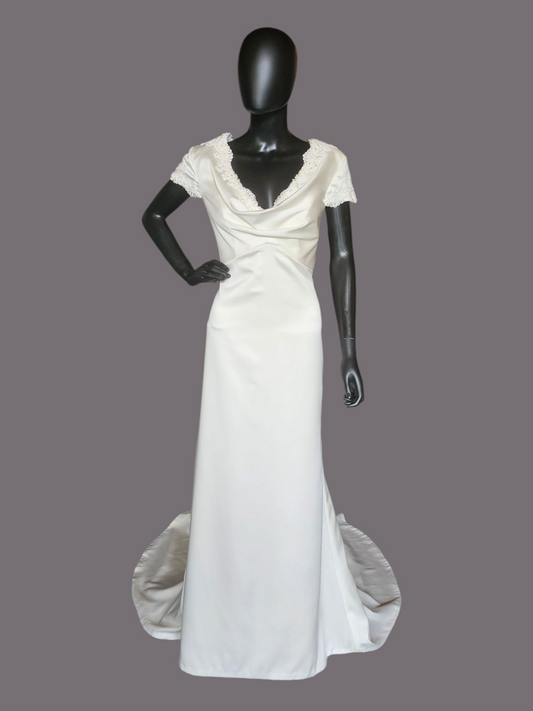 Ivory Silky Satin Cowl Neck Wedding Gown Sheath  - Casablanca