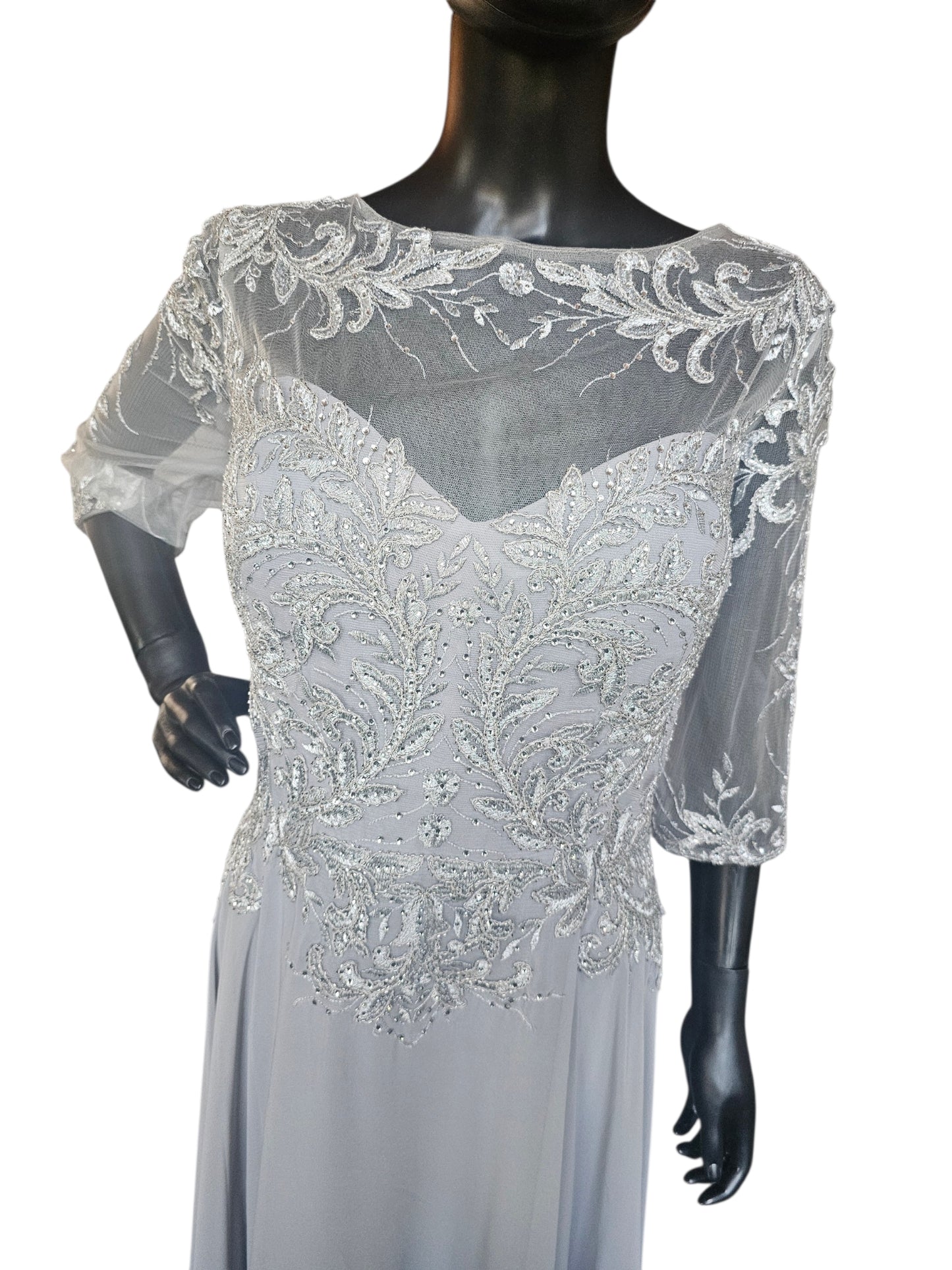 Silver Lace 3/4 Sleeve A-Line Formal Gown - MGNY