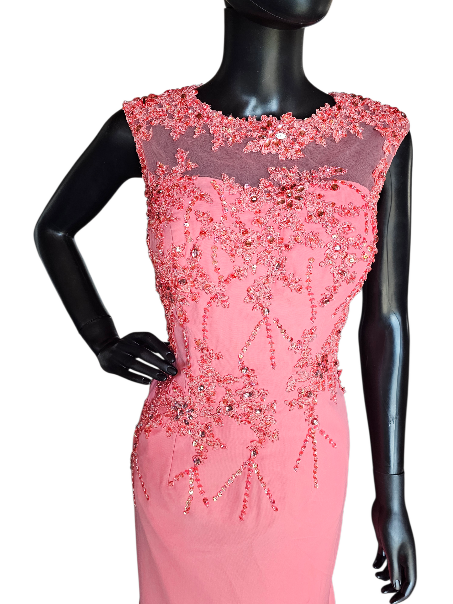 Coral Fitted Beaded Formal Maxi Dress - Hebeos