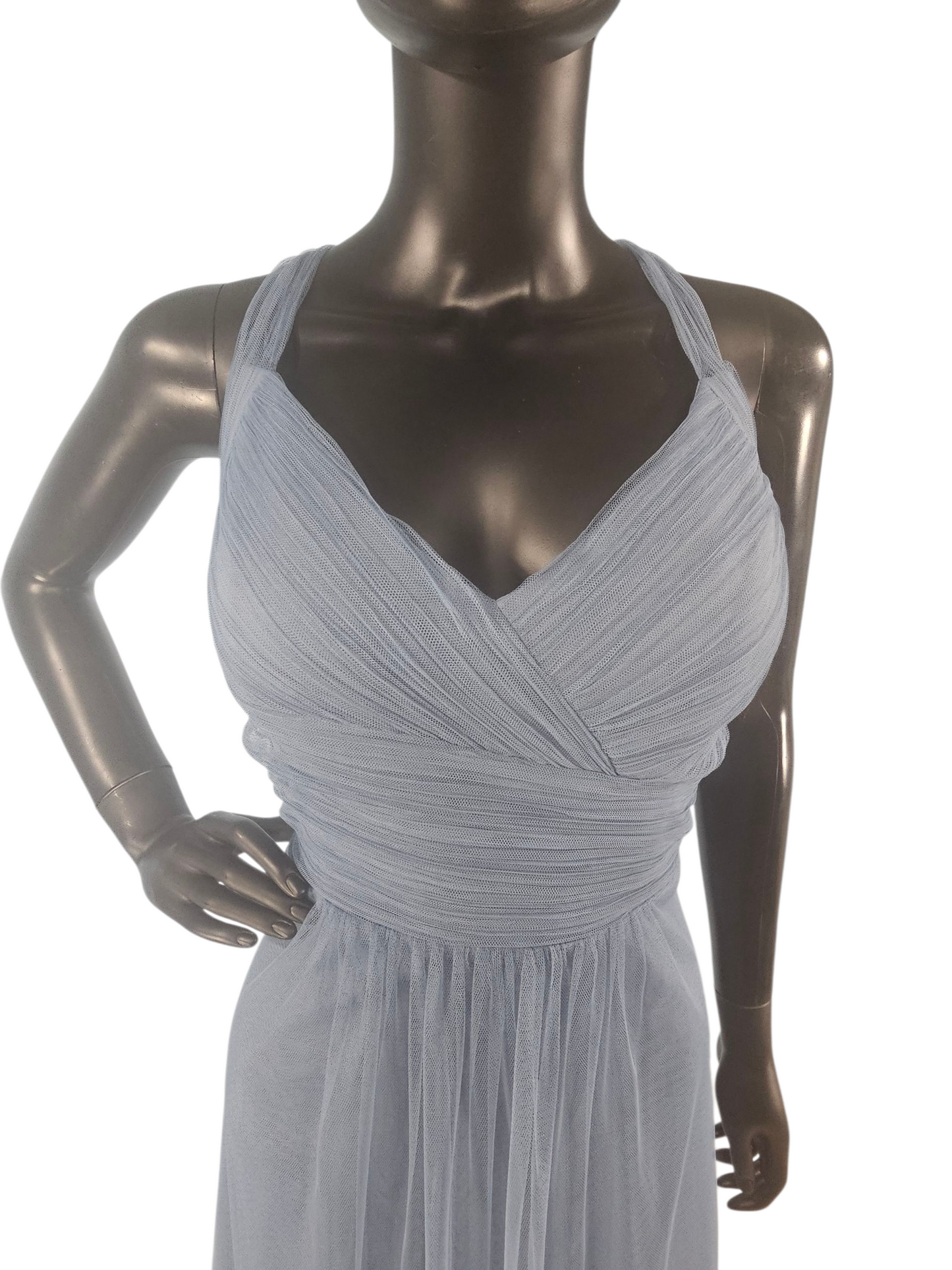 Slate Net/Tulle Tea Length Halter Formal Dress - Bill Levkoff