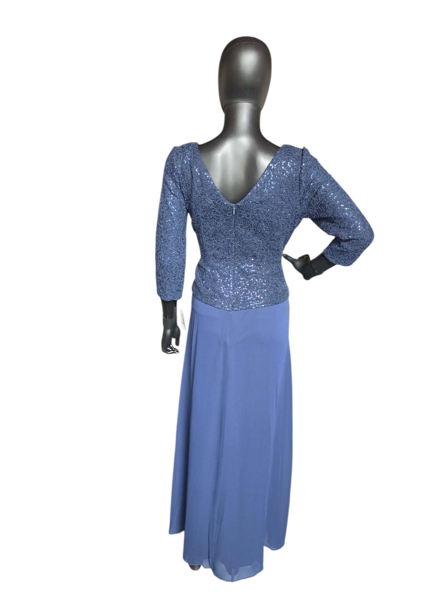 Navy Chiffon Basque Waist Sequin Long Sleeve Scoop Neck Formal/Moms Dress - Alex Evenings