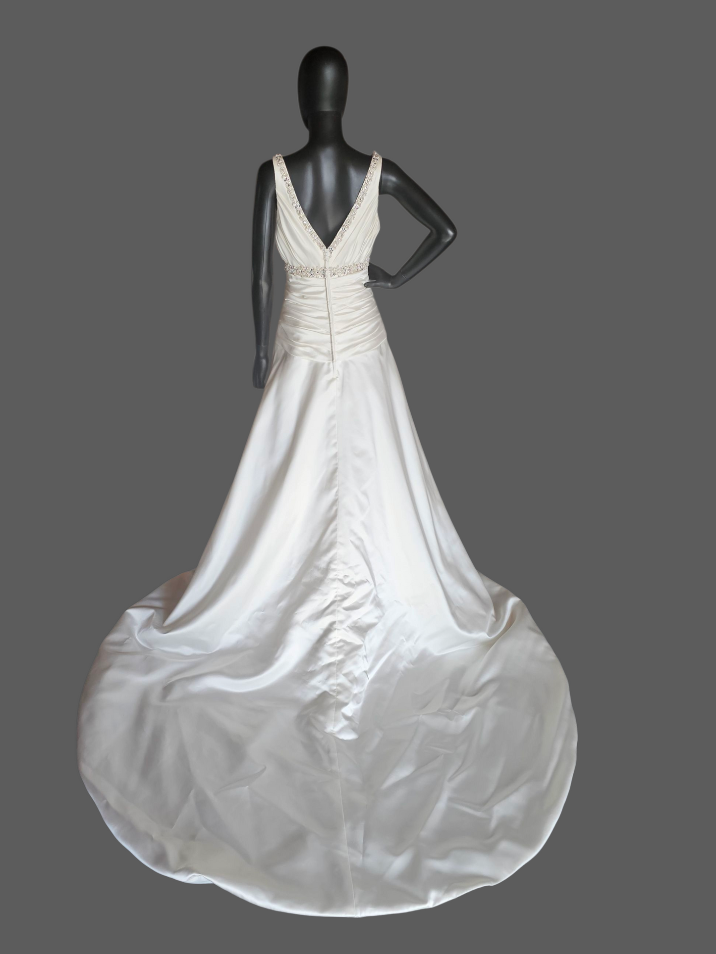 Ivory Satin V-Neck Jewel Detail A-Line Wedding Gown - Mori Lee