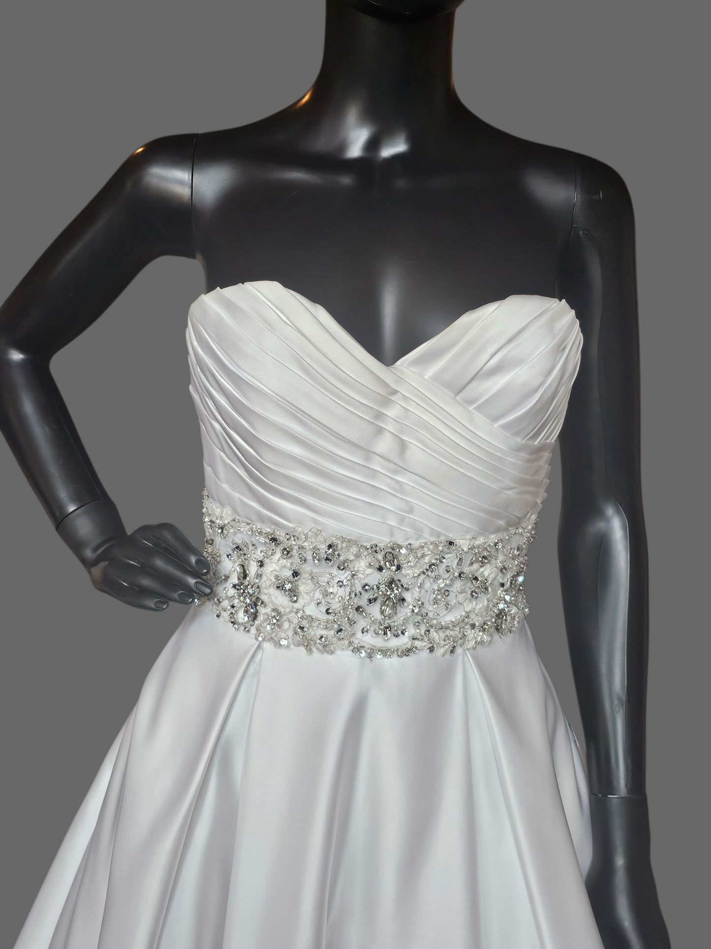 White Satin Box Pleat Crystal Waist Wedding Gown - Mori Lee