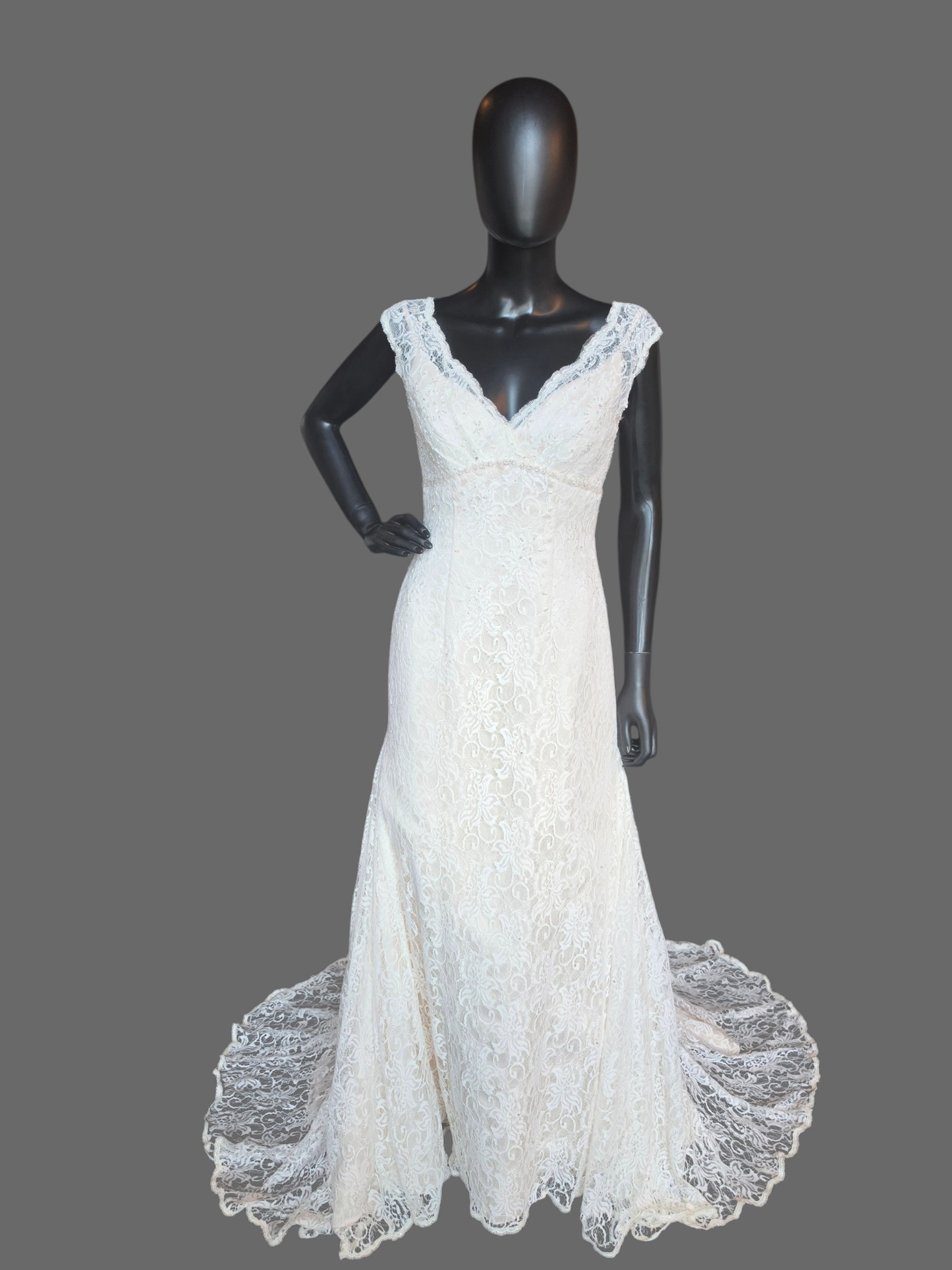 Ivory Lace V-Neck Fit/Flare Wedding Gown - Davids Bridal (NWT)