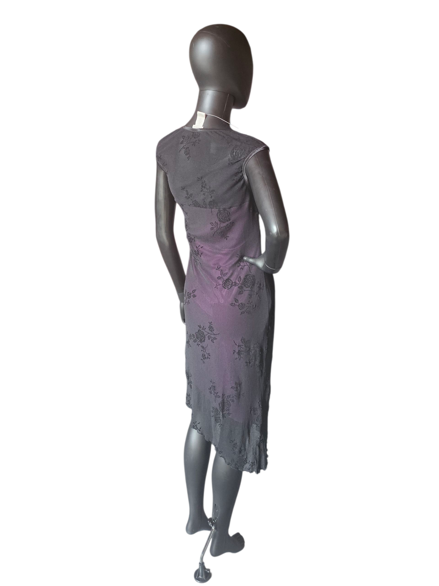 Mid Length Dress Asymetrical Black Overlay W/Purple Rose Burnout NWT - Moda