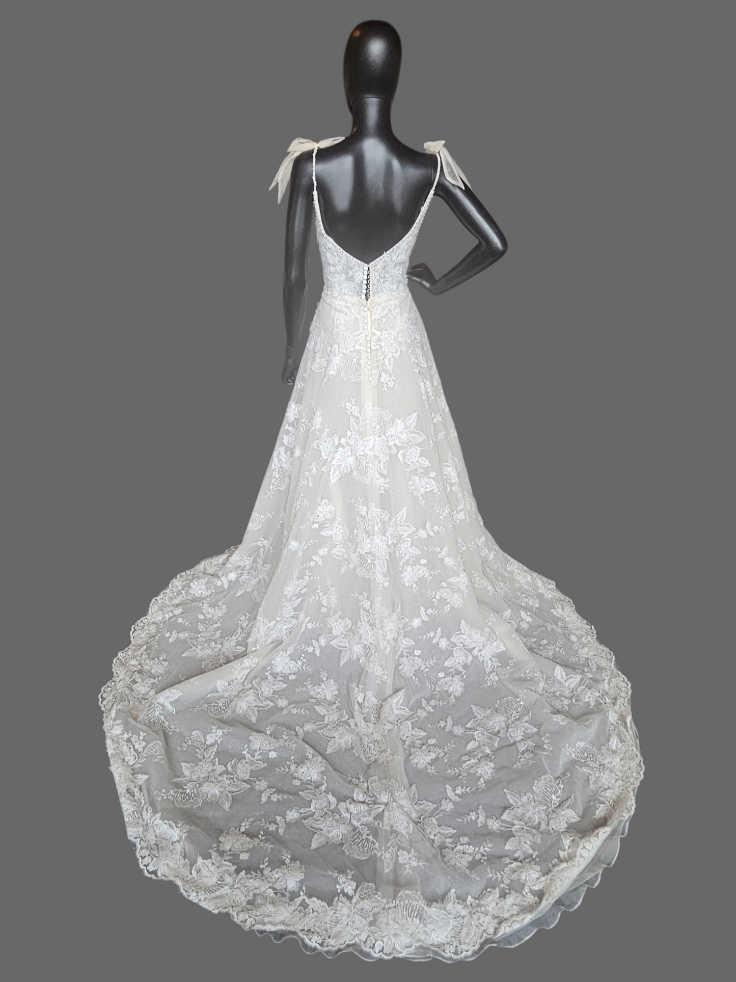 Honey 3D Floral Plunge Bow Shoulder Wedding Gown - Martin Thornburg