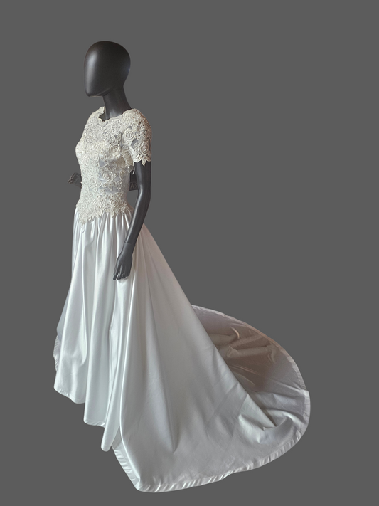 Vintage White Satin Embroidered Cap Sleeve Wedding Gown - Modest