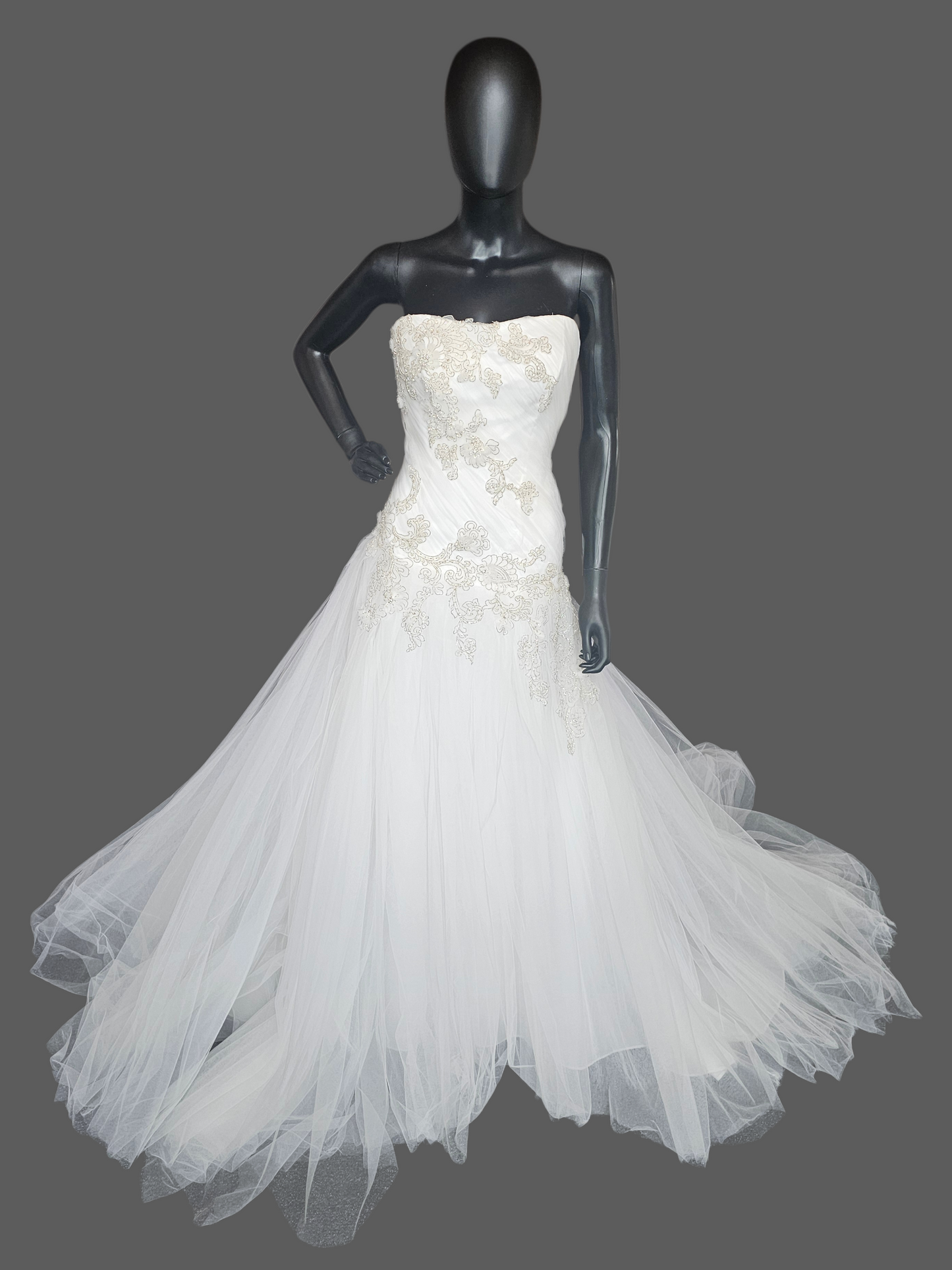 White Tulle Asymmetrical Drop Waist Silver/Gold Embroidered Strapless Wedding Gown - Casablanca