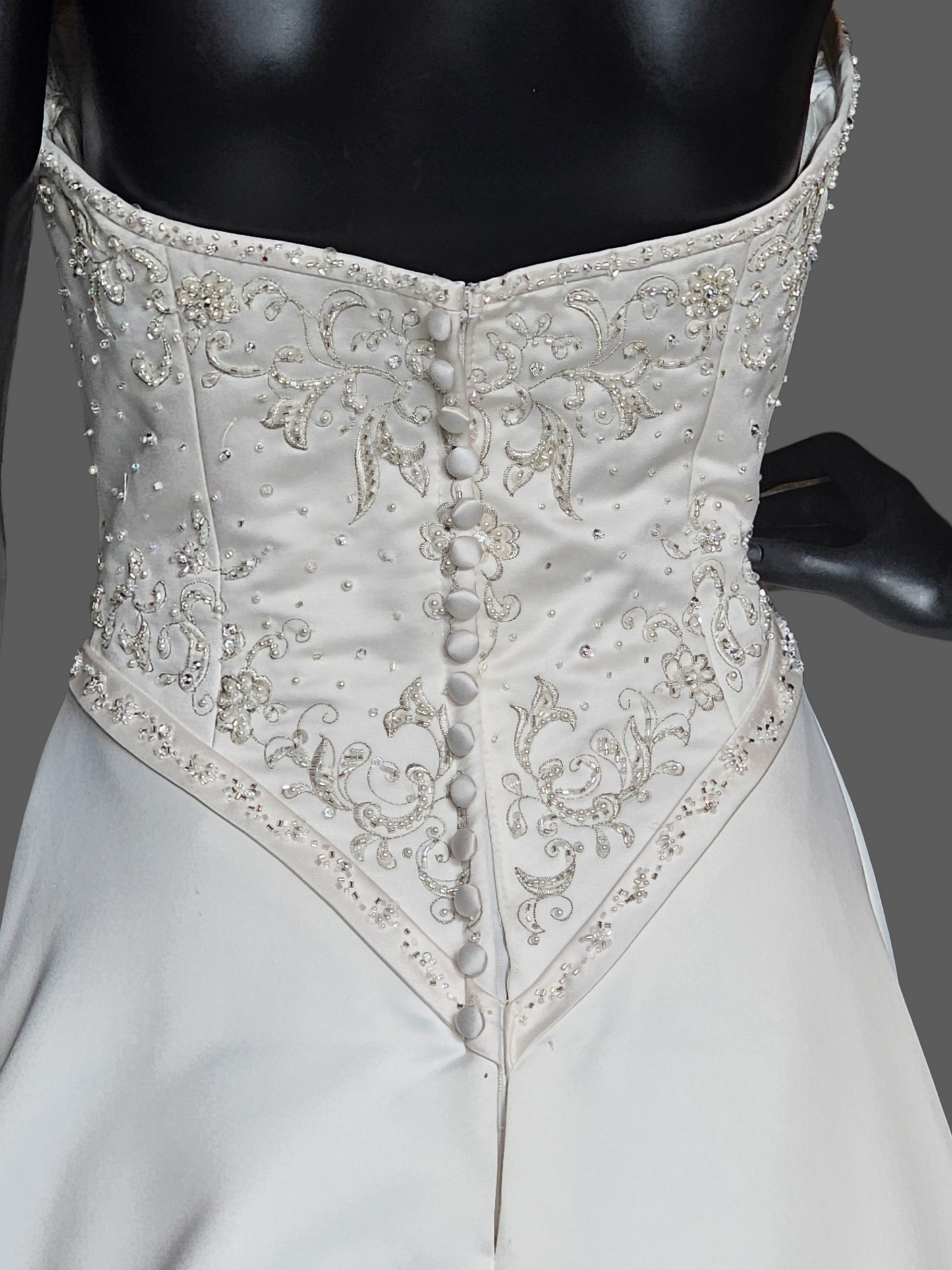 Vintage White/Blush Accent Asymetric A-Line Satin Wedding Gown - Mori Lee