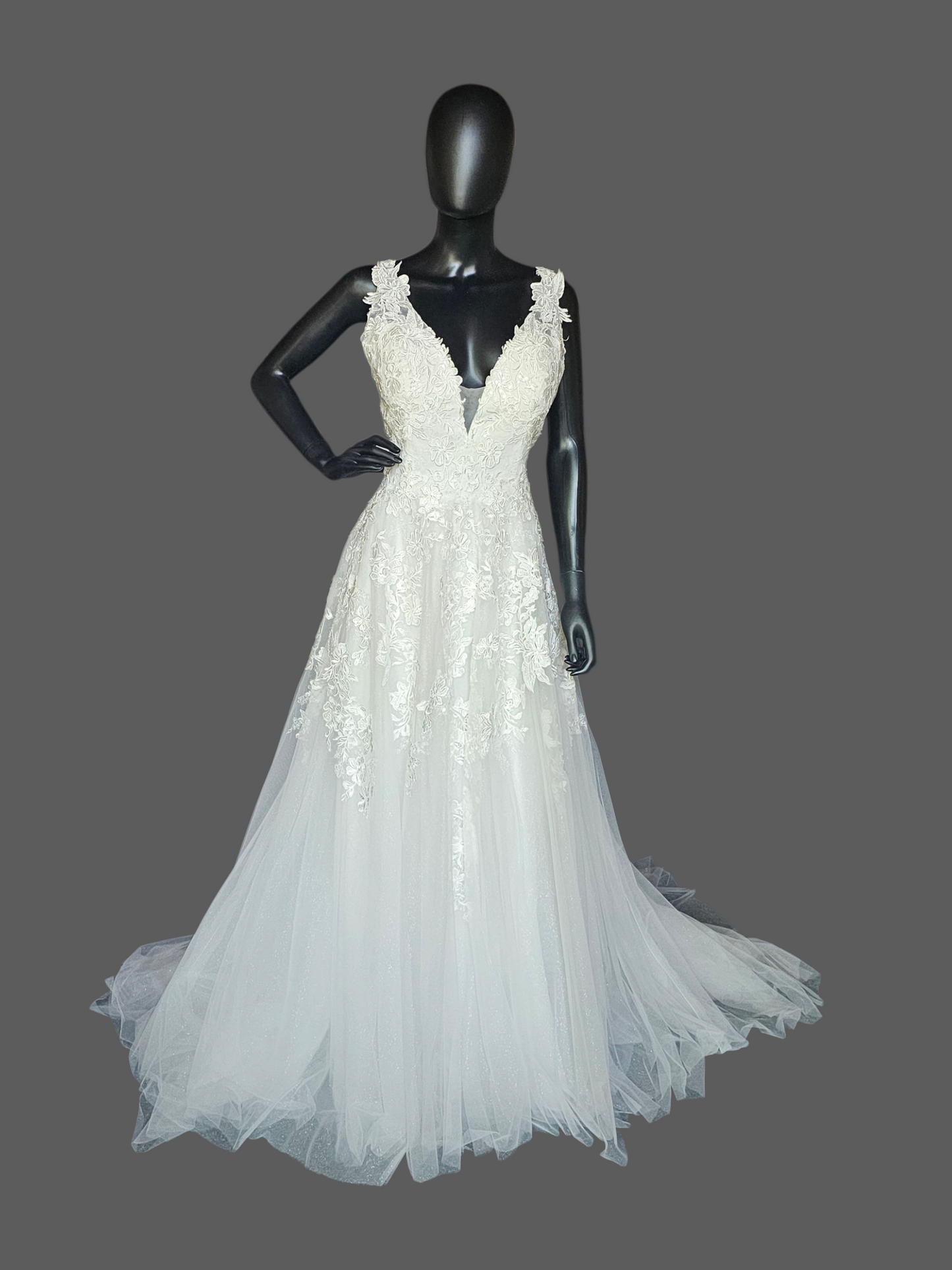 V-Neck Lace Applique Illusion Bodice A Line Wedding Gown - Petite