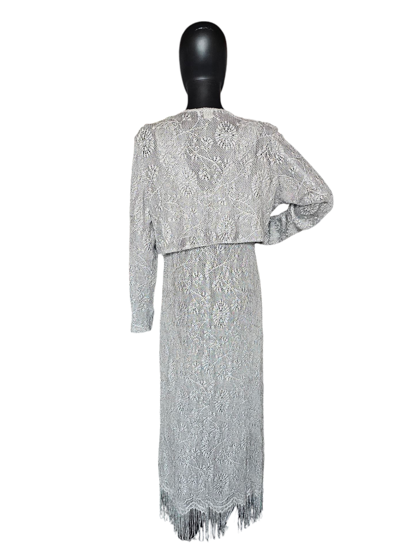 Silver Crochet Sheath/Fringe Formal Dress W/Bolero Jacket - Harlow Nites