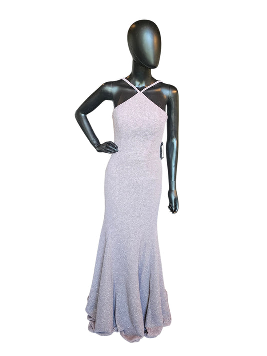 Sand Sparkle Fit/Flare Halter Open Back Maxi Formal/Gala/Prom Dress- Jovanni