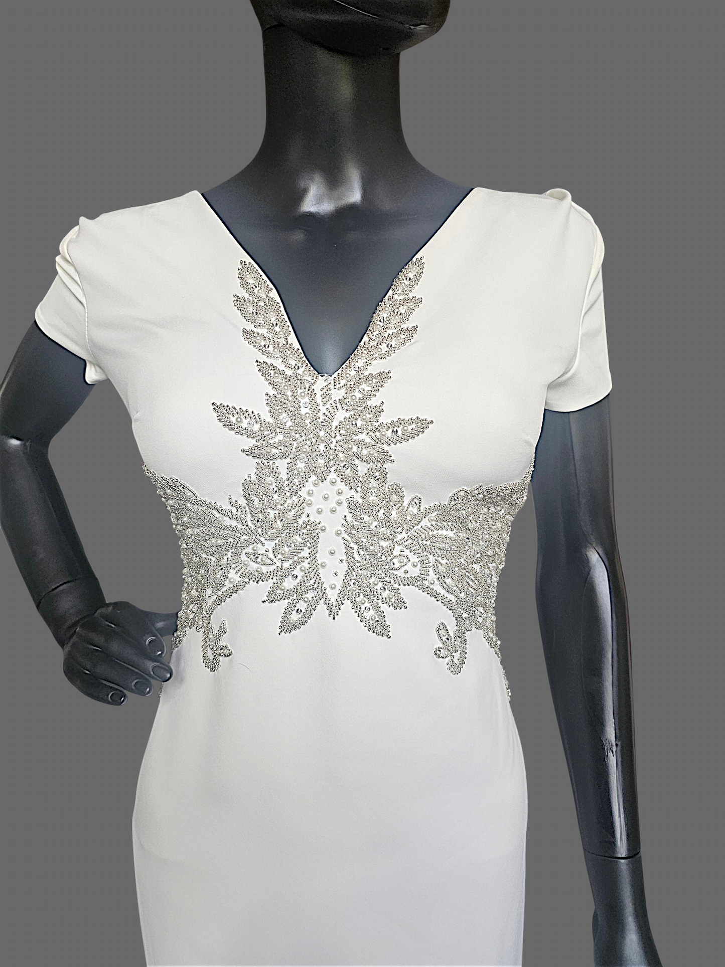 Ivory Wedding Gown Cap Sleeve Sheath Beaded With Peral Design Around The Dress Cowl Back  - Franssical