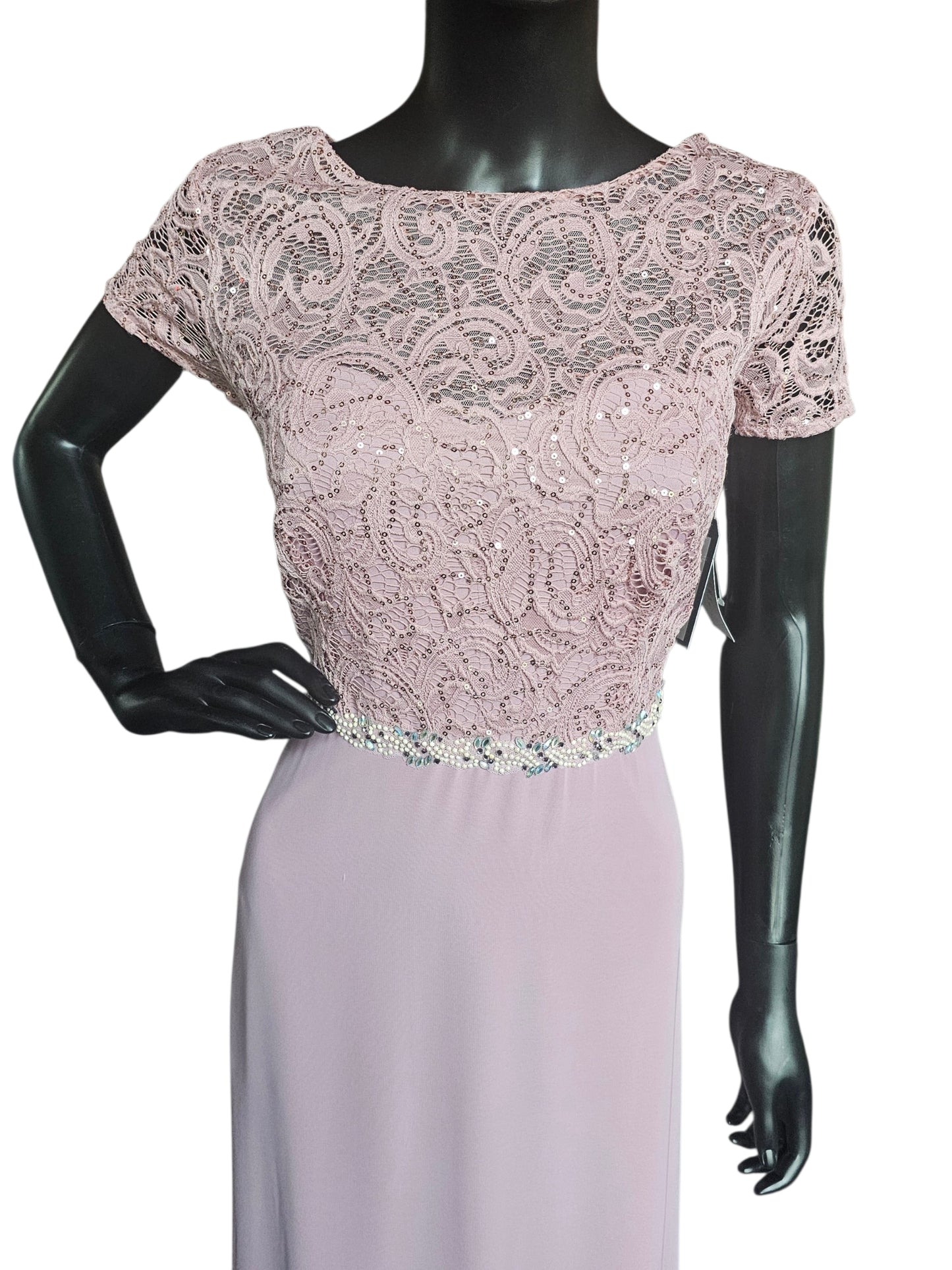 Mauve Beaded Belt/Lace Details Cap Sleeve Crew Neck Full Length Formal Dress - Jackie Jon