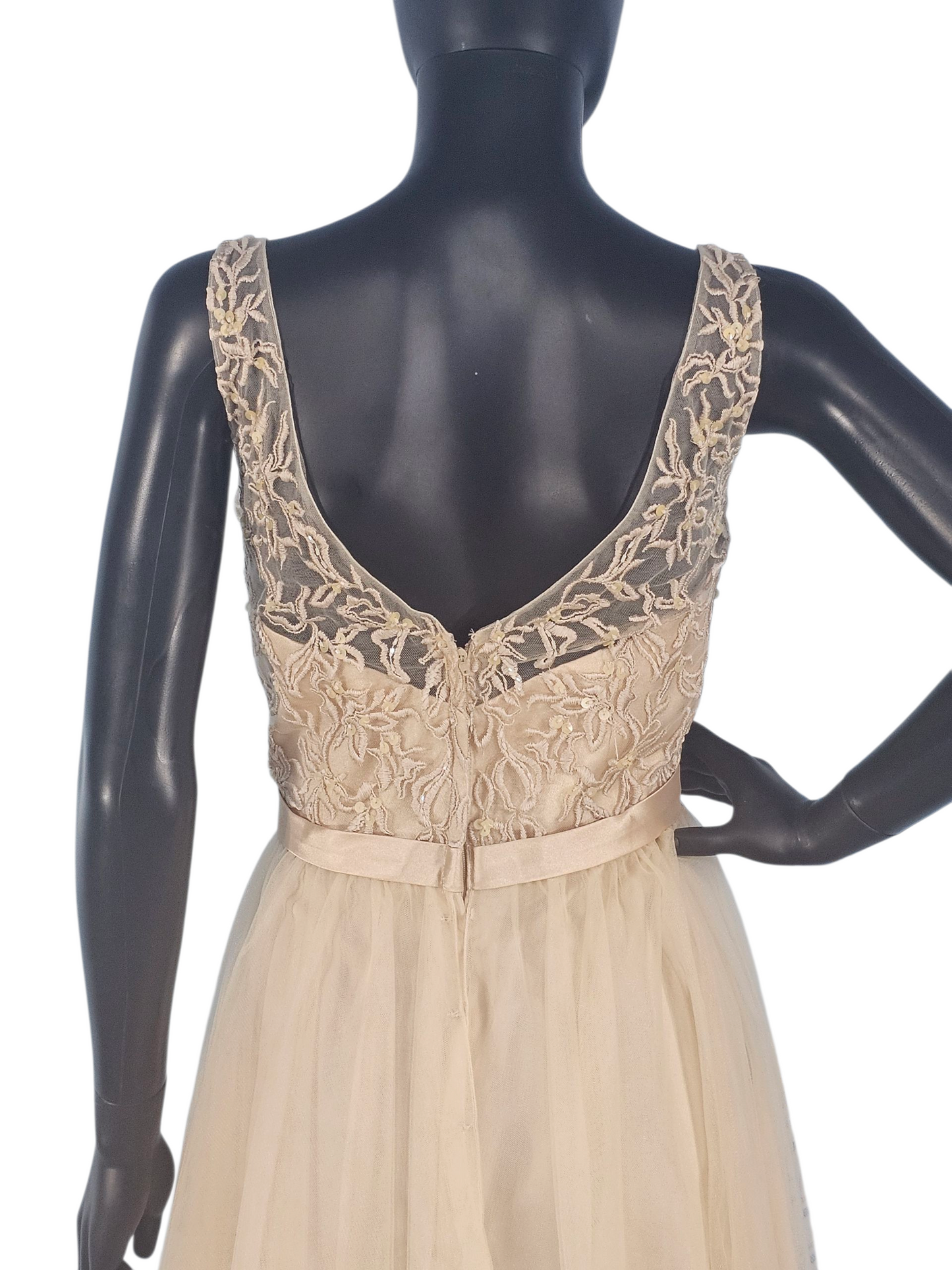 Champagne V-Neck Embroidered Formal Dress - Mori Lee