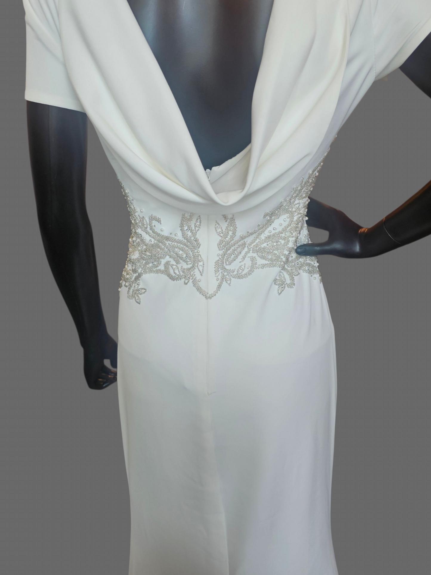 Ivory Wedding Gown Cap Sleeve Sheath Beaded With Peral Design Around The Dress Cowl Back  - Franssical