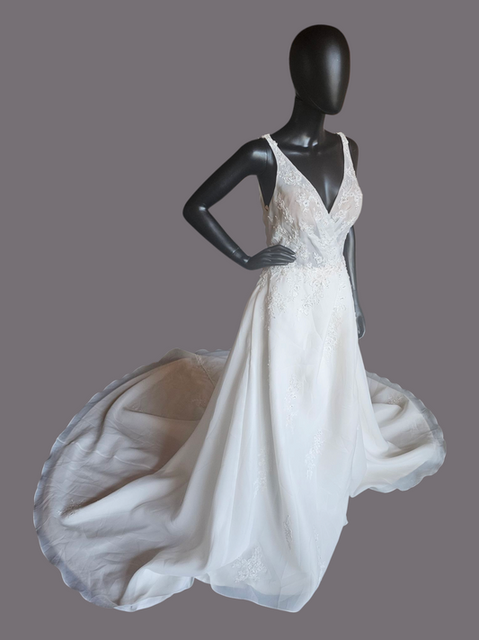 V-Neck Illusion Full Skirt Wedding Gown  - Madeline Gardner