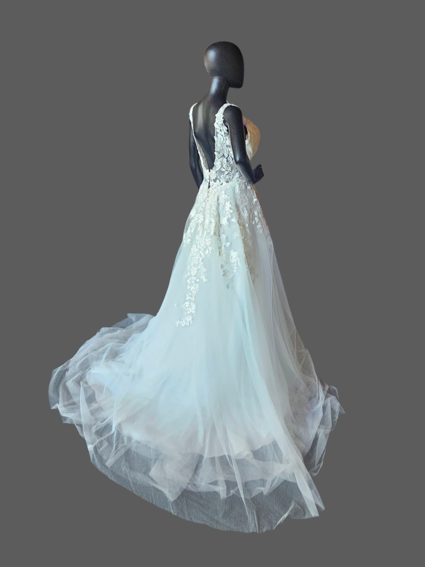 V-Neck Lace Applique Illusion Bodice A Line Wedding Gown - Petite