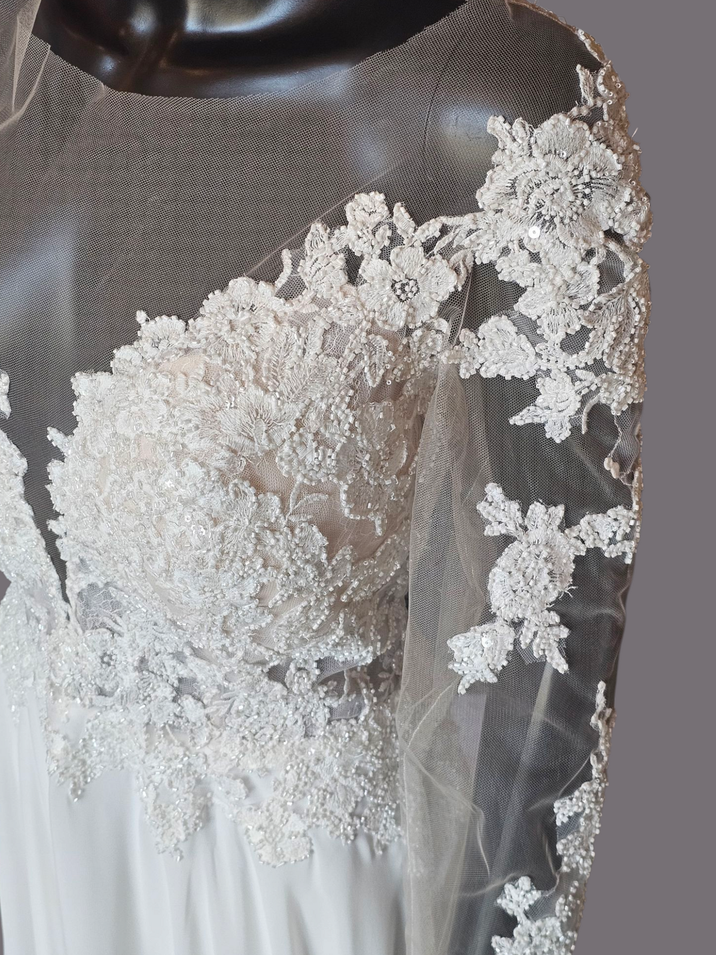 Ivory/Nude Deep Plunge Long Sleeve Chiffon Wedding Gown - Allure Romance