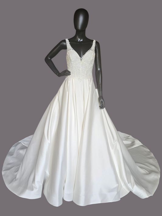 Ivory Ballgown Satin V-Neck Illusion Wedding Gown  - Da Vinci