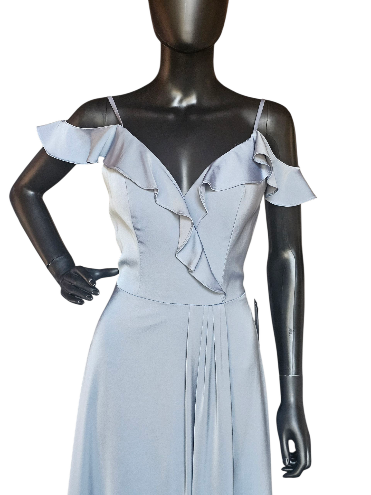 Dusty Blue Soft Satin Flutter Sleeve Full Length Formal Dress - Da Vinci