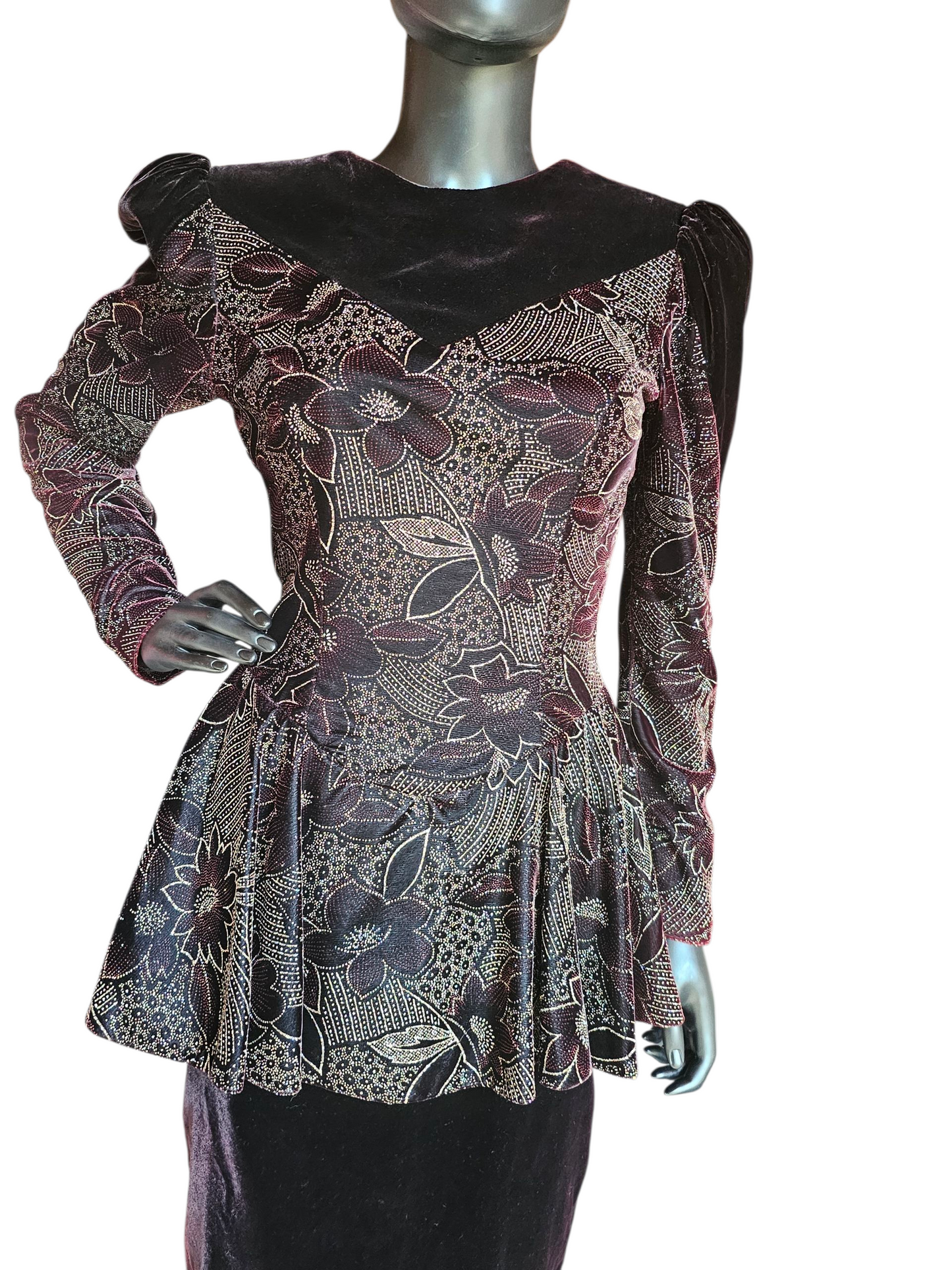 Vintage Dark Burgandy Velvet Peplum Party Dress - Jessica McClintock