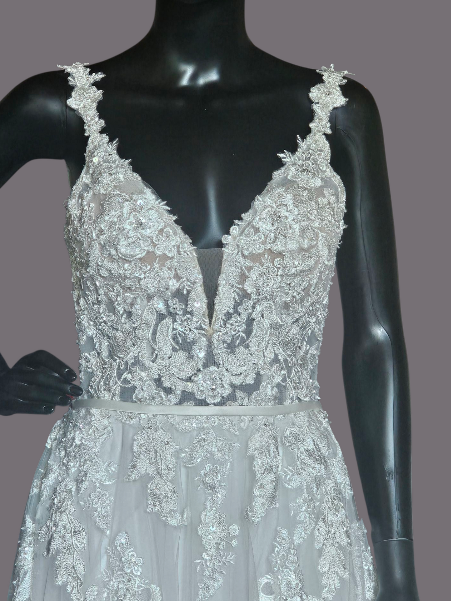 Ivory A-Line Wide Strap V-neck Plunge Wedding Gown - Mori Lee