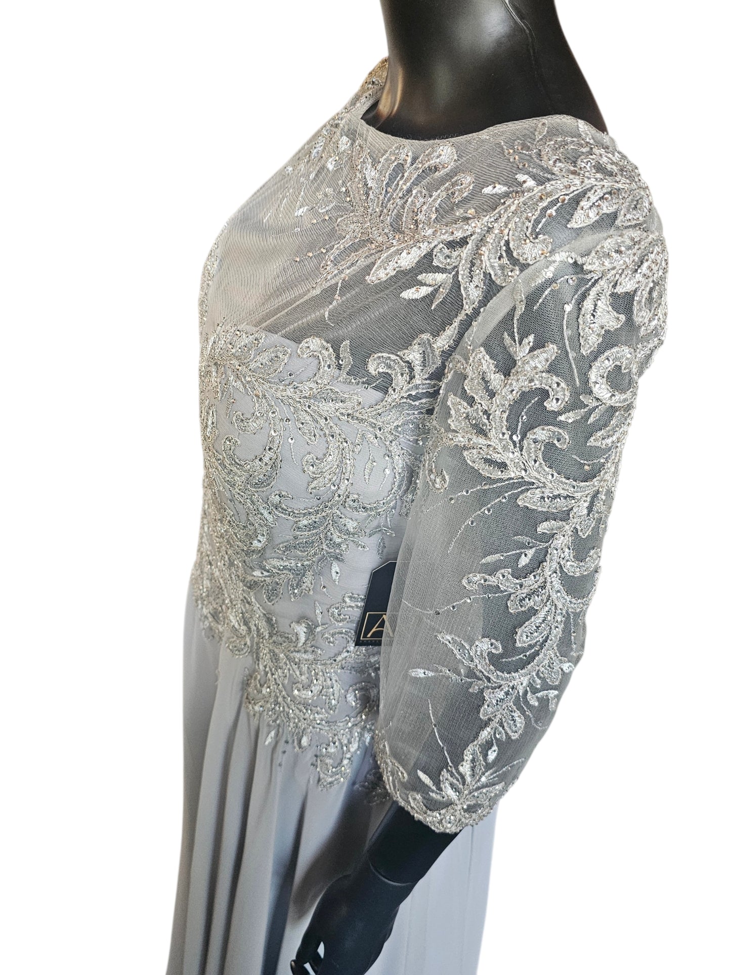 Silver Lace 3/4 Sleeve A-Line Formal Gown - MGNY