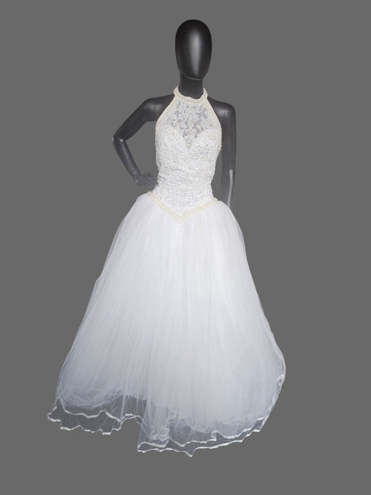 Vintage 90's Pearl Racer Halter Tulle Ballgown Wedding Dress  - Mori Lee