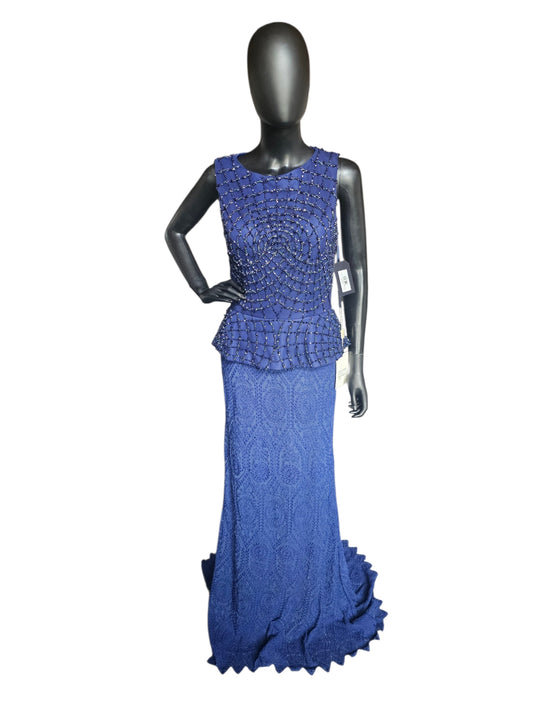 Navy Blue Beaded/Lace Peplum Fit/Flare Jewel Collar Formal Dress - Lara
