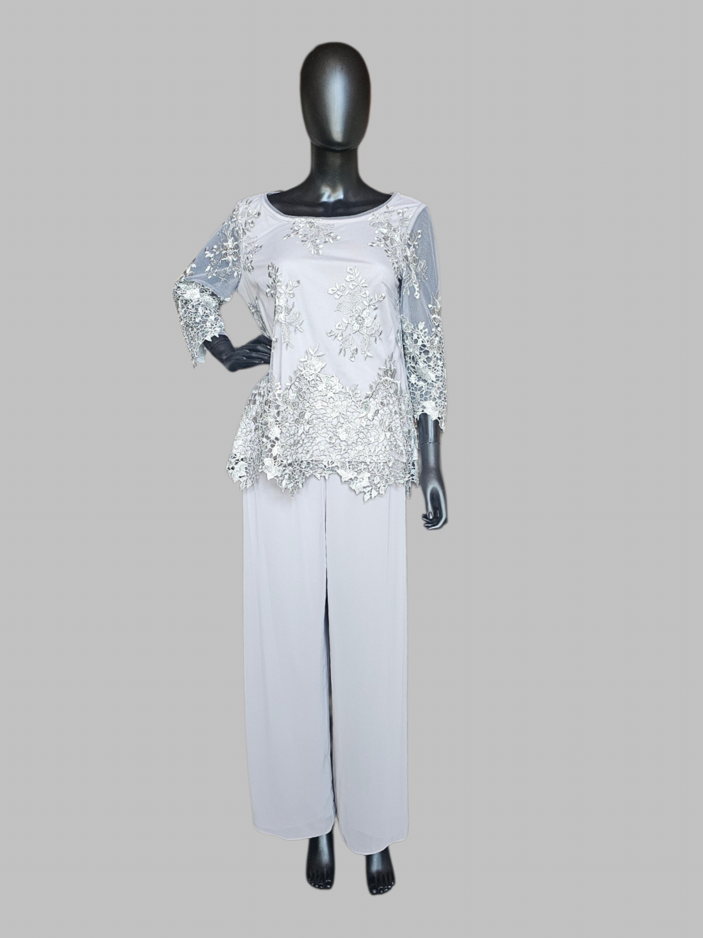 Grey Lace 3/4 Sleeve Chiffon 2 Piece Pant Mothers Formal Wear - Alex Evenings