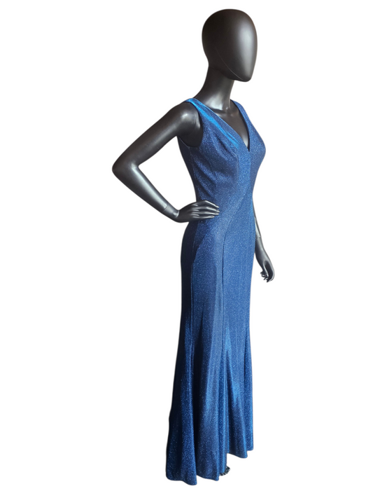 Blue Shimmer Fitted Maxi V-Neck Formal Gown - Blush Prom