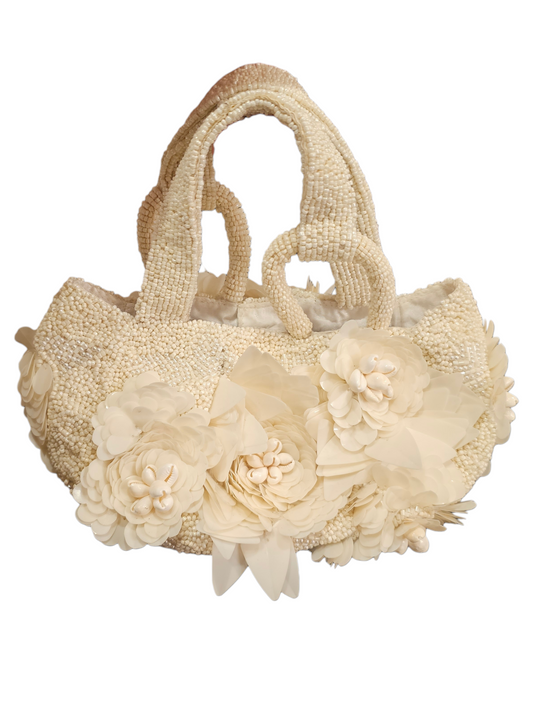 Ivory Seed-Beaded/Floral/Shell Basket Handbag
